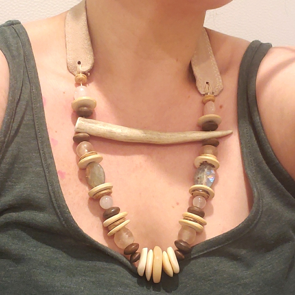 Handcrafted Neutral Stone and Bone Statement Necklace - Beige